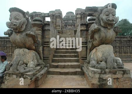 Le temple du soleil Konark est le point culminant de l'architecture du temple d'Orissan, et l'un des monuments les plus étonnants de l'architecture religieuse dans le monde. Construit par le roi Narasimhadeva au XIIIe siècle, le temple entier a été conçu sous la forme d'un char colossal avec sept chevaux et vingt-quatre roues, transportant le Dieu du soleil, Surya, à travers les cieux. Surya est une divinité populaire en Inde depuis la période védique. Le temple est un site du patrimoine mondial et l'une des sept merveilles de l'Inde. Konark, Puri, Orissa, Inde. Banque D'Images