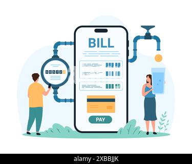 Paiement pour l'approvisionnement en eau à l'aide de l'application mobile. De minuscules personnes vérifient la consommation d'eau dans le système de canalisation avec des lectures de compteur, payent pour la facture d'utilité publique avec la carte de crédit sur l'illustration vectorielle de dessin animé d'écran de téléphone Illustration de Vecteur