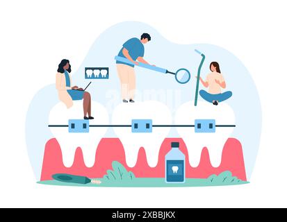 L'appareil dentaire, le traitement orthodontique en clinique et la médecine esthétique. De minuscules personnes avec des outils de dentistes travaillent sur la correction de la morsure des patients et des dents sur l'illustration vectorielle de dessin animé de contrôle dentaire Illustration de Vecteur