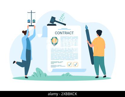 Signature du contrat, accord avec signature, accord. Minuscules personnes tenant des échelles de droit et un stylo pour signer la forme juridique de papier, la licence ou l'investissement et l'achat, approbation de crédit illustration vectorielle de dessin animé Illustration de Vecteur
