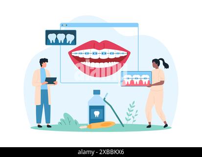 Sourire avec des appareils dentaires, traitement orthodontique en clinique. Les minuscules personnes travaillent avec la radiographie de la mâchoire pour recommander des supports, les dentistes avec l'équipement vérifient la santé de la bouche et des dents illustration vectorielle de dessin animé Illustration de Vecteur
