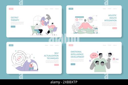 Ensemble de concepts de psychologie humaniste. Quatre illustrations illustrant des thérapies d'auto-croissance et des stratégies de bien-être pour la santé mentale. Illustration vectorielle. Illustration de Vecteur