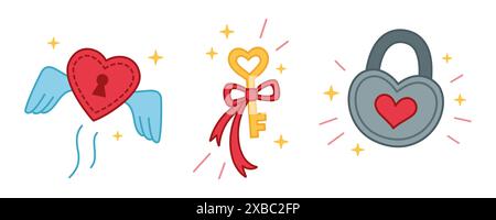 Ensemble d'illustrations d'amour vectorielles mignonnes. Coeur verrouillé et la clé de celui-ci. Collection d'éléments vectoriels de conception de Saint-Valentin. Illustration de Vecteur