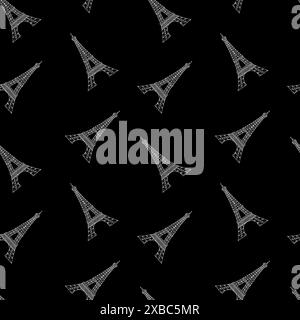 Modèle sans couture Paris Tour Eiffel contour blanc sur fond noir. Dessiné à la main par des encres. Dessin pour imprimés, textile, mur et papier d'emballage Illustration de Vecteur