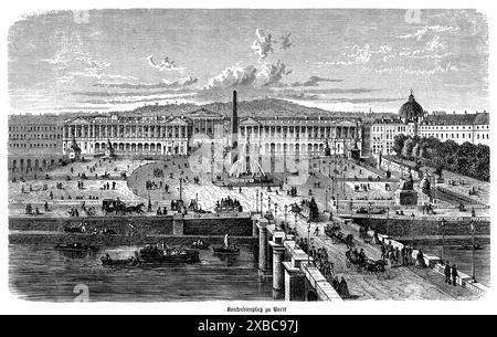 Cette élégante gravure en noir et blanc du XIXe siècle représente la place de la Concorde à Paris, l'une des places publiques les plus emblématiques et historiquement importantes de la ville. L'œuvre d'art capture la grandeur de la place, mettant en vedette l'Obélisque de Louxor, les majestueuses fontaines et l'architecture néoclassique environnante. La scène est animée par les Parisiens qui se promènent et les calèches qui passent, reflétant la vie vibrante de la ville. L’artisanat détaillé de la gravure met en valeur la beauté architecturale et la richesse historique de la place de la Concorde, offrant un aperçu intemporel i. Banque D'Images