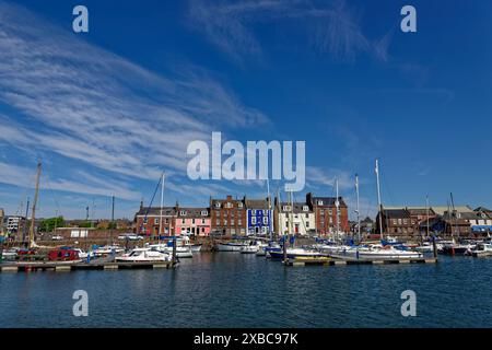 En regardant les maisons de pêcheurs traditionnelles de l'autre côté du port intérieur et de la marina du port d'Arbroath lors d'une journée lumineuse de juin. Banque D'Images