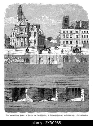 Cette fascinante gravure en noir et blanc du XIXe siècle offre une vue en coupe de la rue souterraine de Paris, révélant une infrastructure urbaine complexe et méticuleusement conçue. L'œuvre d'art illustre diverses couches, à partir de la surface de la rue ornée de bâtiments, descendant à travers un système sophistiqué d'écluse, un pont de pierre complexe construit, et culminant dans les catacombes étranges mais captivantes. Chaque couche est représentée avec des détails complexes, mettant en valeur les merveilles d'ingénierie et l'ingéniosité architecturale de l'époque. Cette gravure offre un g unique et perspicace Banque D'Images