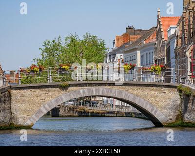 Pont en pierre sur un canal, décoré de jardinières et de bâtiments historiques en arrière-plan, Bruges, Flandre, Belgique Banque D'Images