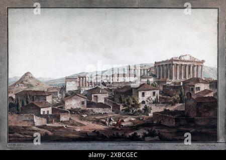 Vue historique de l'Acropole, construite avec des maisons, gravure colorée de 1905, Musée Agora dans le Stoa d'Attalos, Athènes, Grèce Banque D'Images