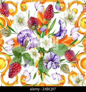 fleurs de pois doux et de bleuets dans un bouquet avec des fraises mûres, monogrammes dorés, motif Banque D'Images