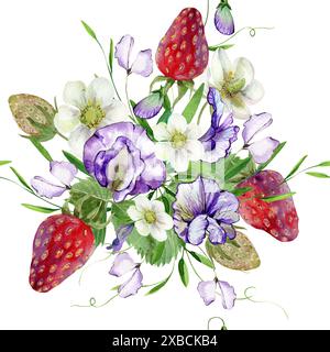 fleurs de pois dans un bouquet, motif avec des bourgeons et du feuillage, fleurs de fraise, image sans couture Banque D'Images