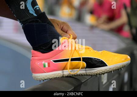 Roma, Italie. 11 juin 2024. Chaussures de l'Italien Gianmarco Tamberi lors de la 26e édition des Championnats d'Europe d'athlétisme de Rome 2024 au stade Olympique de Rome, Italie - mardi 11 juin 2024 - Sport, Athlétisme (photo de Fabrizio Corradetti/LaPresse) crédit : LaPresse/Alamy Live News Banque D'Images