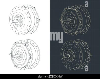 Illustration vectorielle stylisée de plans isométriques d'un moteur de moyeu pour roue de bicyclette Illustration de Vecteur
