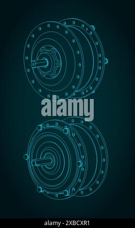 Illustration vectorielle stylisée de plans isométriques d'un moteur de moyeu pour roue de bicyclette Illustration de Vecteur