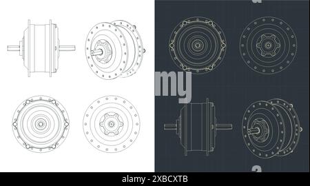 Illustration vectorielle stylisée des plans d'un moteur de moyeu pour roue de bicyclette Illustration de Vecteur