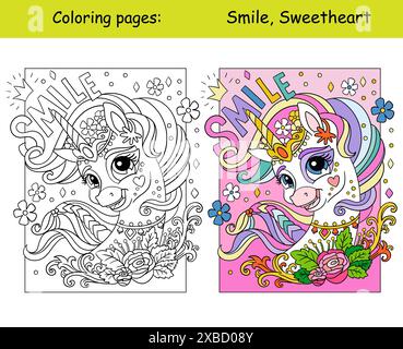 Licorne magique avec des fleurs avec lettrage sourire. Illustration vectorielle de dessin animé. Page de coloriage monochrome pour enfants avec modèle coloré. Pour la coloration, edu Illustration de Vecteur