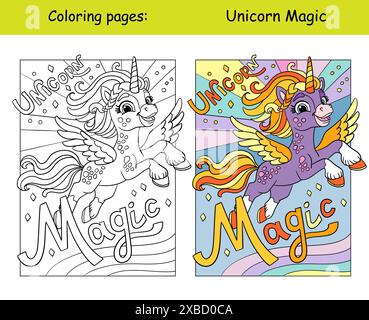 Licorne volante joyeuse dans le ciel avec lettrage Magic licorne. Illustration vectorielle de dessin animé. Page de coloriage monochrome pour enfants avec modèle coloré. Pour e Illustration de Vecteur