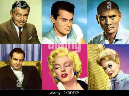 Carte postale souvenir des années 1950 mettant en vedette plusieurs stars du cinéma hollywoodien : Clark Gable, Tony Curtis, Yul Brynner, Marlon Brando, Marilyn Monroe, Kim Novak Banque D'Images