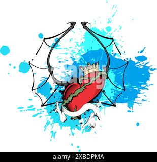 ruban de coeur ailé tatouage aqua couleurs autocollant en format vectoriel Illustration de Vecteur