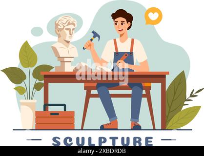 Sculpture en pierre illustration vectorielle mettant en vedette un artisan sculptant une roche à l'aide d'outils de sculpture dans la conception de fond de dessin animé de style plat Illustration de Vecteur