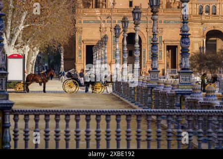 Séville, Espagne. 5 février 2024 - chevaux et calèches alignés sur la Plaza de Espana Banque D'Images