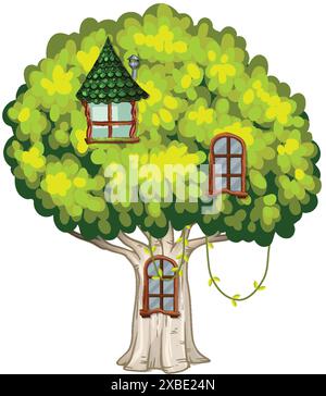 Treehouse niché dans un arbre vert vibrant Illustration de Vecteur