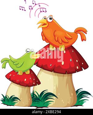 Deux oiseaux chantant sur des champignons rouges Illustration de Vecteur