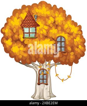 Charmante cabane dans les arbres avec des feuilles d'automne et des fenêtres Illustration de Vecteur