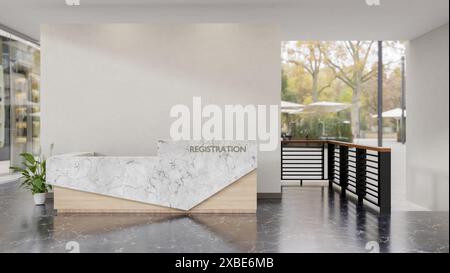Le design intérieur de l'entrée du hall ou de la réception moderne est doté d'un comptoir en marbre moderne, d'un sol en marbre noir et d'un mur blanc. hôtel ou de Banque D'Images