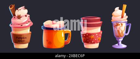 Boissons chaudes épicées en verre et tasse pour un design automnal confortable. Illustration vectorielle de dessin animé de latte avec citrouille, dessus de crème et bâton de cannelle, café ou chocolat chaud avec guimauve et dans une tasse à emporter. Illustration de Vecteur