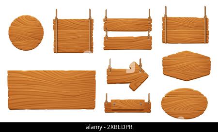 Panneau et enseignes en bois. Flèche de jeu de dessin animé, conseil et panneau. Ensemble vectoriel de cercles en bois, rectangles, carrés et planches en bois de forme ovale suspendues par des cordes, ornés de clous, interface graphique rustique Illustration de Vecteur