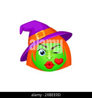 Cartoon Halloween sorcière emoji puckers ses lèvres dans un baiser d'air envoûtant, avec un chapeau pointu et une expression malicieuse et rusée. Visage de hag vecteur isolé avec peau verte et lèvres embrassantes rouges Illustration de Vecteur