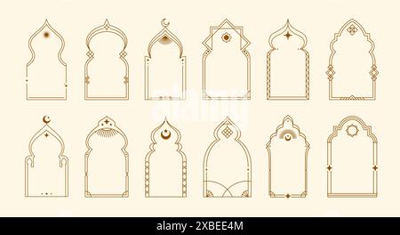 Arcs boho du Ramadan, frontières musulmanes. Ensemble vectoriel isolé de formes de fenêtres et de portes islamiques linéaires, éléments intérieurs de mosquée. Arcs arabes ou portails avec des étoiles et des croissants pour les vacances de l'Aïd Moubarak Illustration de Vecteur