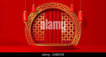 Scène de podium rouge chinois 3D avec arc d'ornement doré et lanternes, fond vectoriel. Scène de podium chinois de luxe rouge ou piédestal oriental avec lanternes rouges et ornement à motif doré en arc doré Illustration de Vecteur