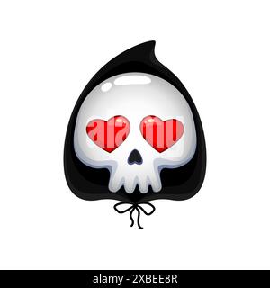 Dessin animé Grim Reaper Death Halloween emoji. Crâne effrayant humain de vacances d'horreur d'octobre dans le capot noir et les yeux de coeurs rouges autocollant de personnage, la mort de vacances d'Halloween Funny emoji icône de vecteur isolé Illustration de Vecteur