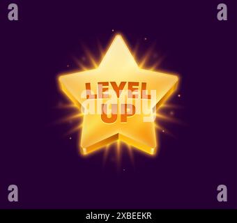 Niveau vers le haut étoile de rang avec brillance dorée pour le prix de bonus de réalisation de jeu, médaille de dessin animé vectoriel. Badge pop-up de niveau supérieur pour récompense ou victoire de trophée, étoile dorée dans la lueur brillante pour l'interface graphique de jeu vidéo d'arcade Illustration de Vecteur