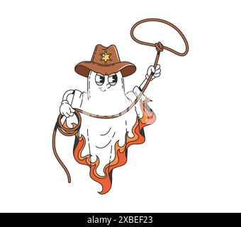 Personnage fantôme groovy de dessin animé Halloween enfilant un chapeau de cow-boy shérif avec étoile et lasso filant. Vecteur isolé personnage effrayant drôle prêt pour les aventures de l'ouest sauvage et trick ou traiter la nuit de partie Illustration de Vecteur