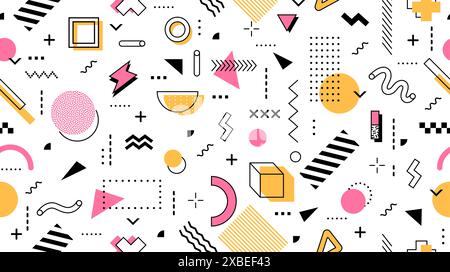 Abstrait hipster memphis fond de modèle sans couture avec des formes et des éléments géométriques. tuile de style des années 80 ou 90 avec des figures modernes colorées. Papier peint vectoriel avec des détails ornementaux surréalistes et à la mode Illustration de Vecteur
