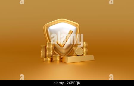 Illustration 3D d'un bouclier d'or avec une coche entourée de piles de pièces de monnaie sur un fond d'or. Banque D'Images