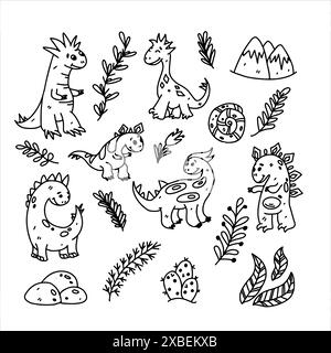 Collection de dinosaures. Style griffonnage dessiné à la main. Illustration vectorielle isolée sur blanc. Coloriage Illustration de Vecteur