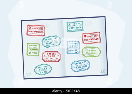 Timbres de passeport sur les pages de passeport ouvertes. Beaucoup de timbres de visa. Passeport voyageur. Illustration de Vecteur