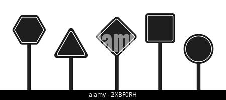 Ensemble de panneaux routiers noirs ronds, carrés, rhombiques, triangulaires et hexagonaux. Illustration vectorielle des icônes pour avertir de la situation sur la route. WH Illustration de Vecteur