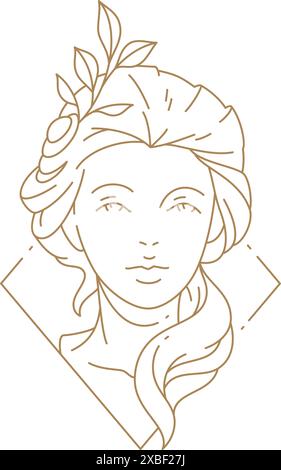 Monochrome simple portrait de buste antique femme déesse grecque dans l'illustration vectorielle de cadre de losange dessinée à la main. Logo linéaire médiéval féminin avec arbre b Illustration de Vecteur