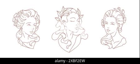 Set monochrome art déco buste de femme linéaire décoré par des fleurs et branche d'arbre dans l'illustration vectorielle de cheveux. Portra de statue de déesse grecque antique femelle Illustration de Vecteur
