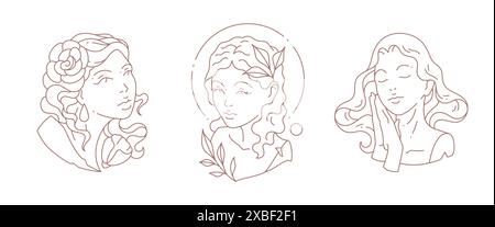 Set linéaire simple logo antique buste de déesse de femme avec cadre de cercle et illustration vectorielle de fleurs. Emblème de ligne monochrome monument minimaliste féminin Illustration de Vecteur