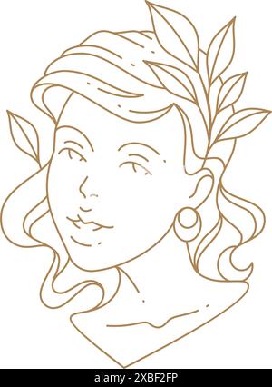 Adorable femme face buste antique ligne de déesse art déco illustration vectorielle. Logo simple monochrome pour salon de spa de beauté avec joli son de dame médiéval Illustration de Vecteur