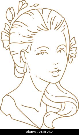 Monochrome simple lineart logo souriant antique femme illustration vectorielle de buste. Icône linéaire dessinée à la main femelle médiévale avec décoration de fleur coiffure isol Illustration de Vecteur