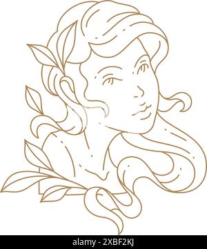 Buste de déesse de mythologie féminine avec feuilles décoratives branche monochrome illustration vectorielle d'icône simple. Contour linéaire logo Pretty Woman antique fashi Illustration de Vecteur