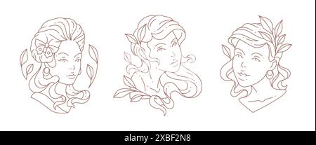 Ensemble de logo minimaliste dessiné à la main buste de femme antique grec avec illustration vectorielle de papillon décoratif et de branches de conception. Monoche de monument à visage féminin Illustration de Vecteur