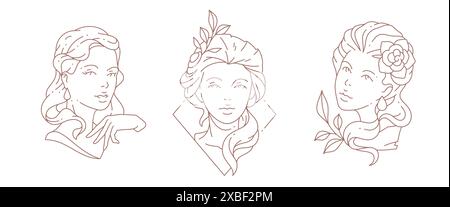 Jolie antique Lady buste monochrome lineart logo set illustration vectorielle. Monument médiéval de femme élégante avec jolie coiffure et cadre minimaliste e Illustration de Vecteur